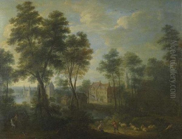 Shepherd And Shepherdess With Herd And Rider Before A Hamlet - view 1