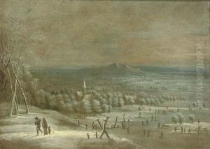 An Extensive Winter Landscape With Travellers On A Path And Skaters On A Frozen Lake by Lucas Van Uden