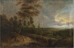 An Extensive Wooded Landscape With Travellers On A Path An Extensive Wooded Landscape With Travellers On A Path