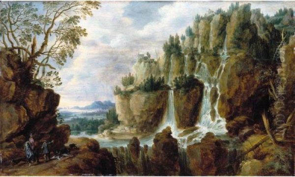 An Extensive Alpine Landscape With Travellers And Dogs Below A Large Waterfall - view 1