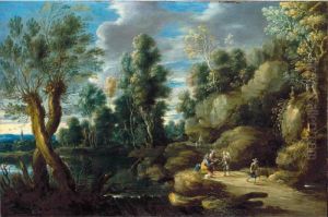 A River Landscape With Figures Conversing On A Road by Lucas Van Uden
