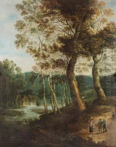A Wooded River Landscape With Figures On A Track A Wooded River Landscape With Figures On A Track