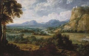 An Extensive River Landscape With A Herdsman Resting On A Path, Mountains Beyond