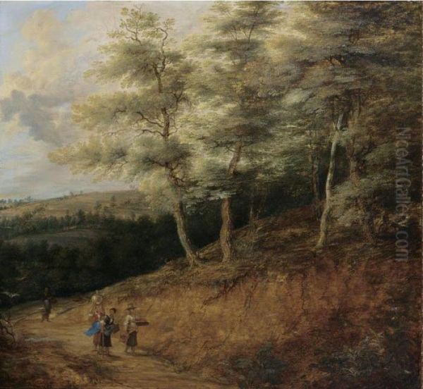 A Wooded Landscape With A Woman
Carrying A Waterjug On A Path, Together With Other Women Carrying
Baskets Nearby - view 1