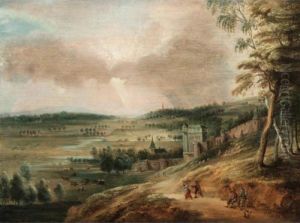 Extensive Landscape, With Figures On A Track, A Town Beyond