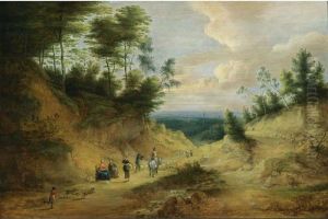 A Wooded Dune Landscape With
Travellers And Dogs Resting Near A Path Together With A Horseman, And A
Shepherd With His Flock, With A View Of A Village Beyond by Lucas Van Uden