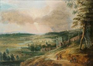 A Panoramic Landscape With Travellers On A Path And A Walled Town On The Hillside Beyond A Panoramic Landscape With Travellers On A Path And A Walled Town On The Hillside Beyond