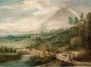 An Extensive Alndscape With Drovers And Their Animals Beside A River
