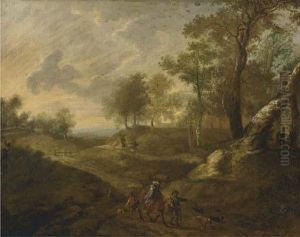 A Wooded Landscape With Huntsmen On A Path A Wooded Landscape With Huntsmen On A Path