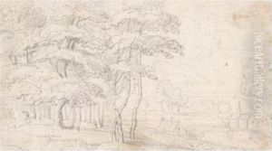 Landscape With Trees Along A Path And A Church In The Distance by Lucas Van Uden