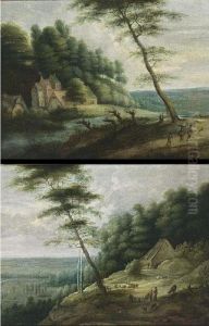 An Extensive Wooded River 
Landscape With Peasants, Sheep And Goats In The Foreground, A A View Of A
 Valley In The Distance