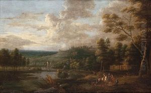 An Extensive Wooded Landscape With A Hawking Party Beside A Lake In The Foreground