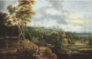 An Extensive River Landscape
With A Peasant Couple In The Foreground, A Village Kermesse Beyond by Lucas Van Uden