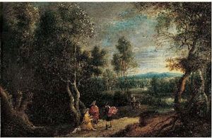 Paysage De Riviere En Flandres Avec Cinq Personnages Sur Une Route