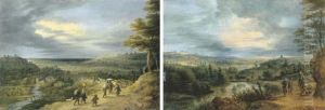 Extensive Landscapes With Travelers On Paths by Lucas Van Uden