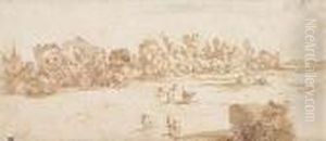 Landscape With Cows In A Field And A Village Behind A Line Of Trees
