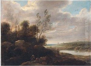 A River Landscape With Travellers On A Rocky Path by Lucas Van Uden