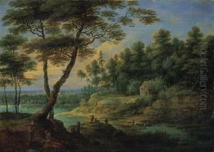 A Wooded River Landscape With Peasants by Lucas Van Uden