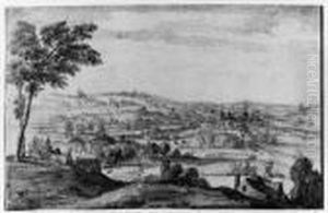 An Extensive Wooded Hilly Landscape With A Monastery In Theforeground, A Town Beyond by Lucas Van Uden