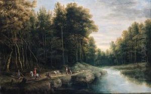 Sportsmen, Shepherds And 
Peasants On A Track By A Brook In Aforest, Another Sportsman Shooting 
Duck Nearby