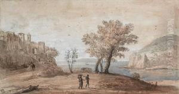 A Capriccio Of Two Travellers In
A Coastallandscape Beneath A Fortified Village, An Island Beyond - view 1