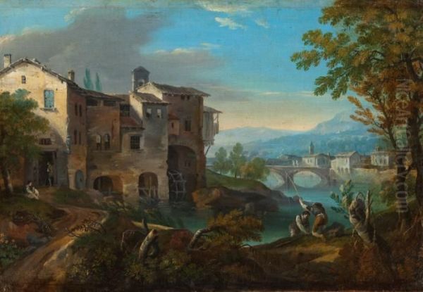 Landschaft Mit Pittoreskem Muhlengebaude An Gewundenem Flusslauf - view 1