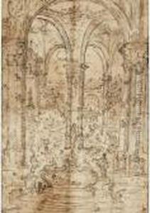[follower Of Gaspar Van Wittel, 
Called Vanvitelli ; Fantastical View Of A Palace Interior ; Pen And 
Brown Ink] by (circle of) Wittel, Gaspar van (Vanvitelli)