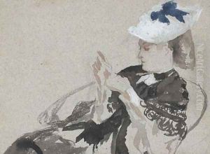A young woman, seated in profie to the left, wearing a hat