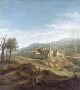 A View Of The Abbey Of Saint 
Nilus At Grottaferrata With Monks Conversing In The Foreground