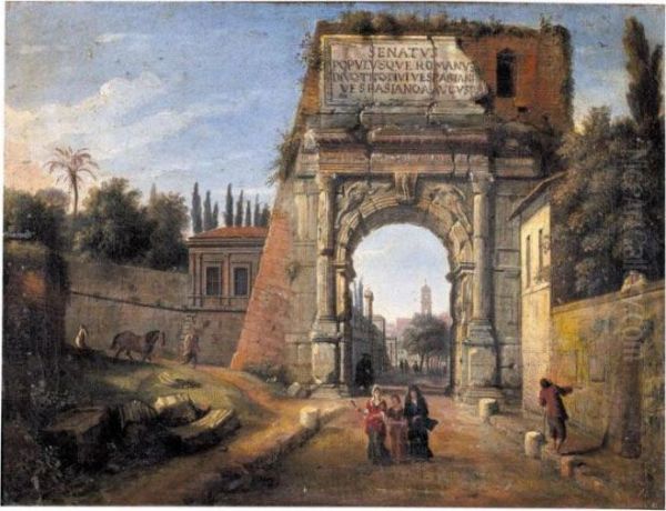 Rome, A View Of The Arch Of Titus With Figures Strolling Amongst Ruins - view 1