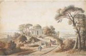 A Landscape With Figures Walking Towards A Temple, The Sea In Thebackground by (circle of) Wittel, Gaspar van (Vanvitelli)