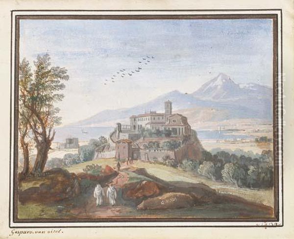 Un Paysage Avec Une Ville Fortifiee Sur Une Colline, Un Estuairedans Le Fond - view 1