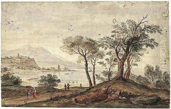 Landscape With Trees And Figures
Near A Coastline, The Buildings Of A Small City And A Port In The
Background. - view 1