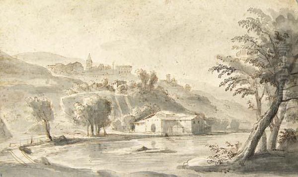 An Italian Village On A Hill Seen From A River Bank - view 1