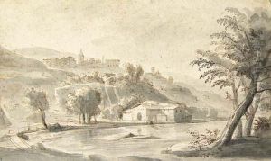 An Italian Village On A Hill Seen From A River Bank by (circle of) Wittel, Gaspar van (Vanvitelli)