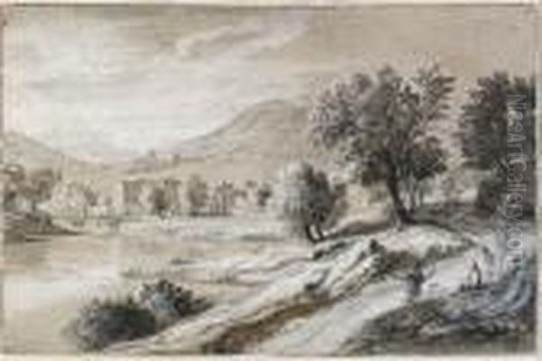 An Extensive River Landscape With Travellers, Mountains In Thedistance - view 1