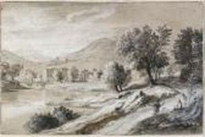 An Extensive River Landscape With Travellers, Mountains In Thedistance by (circle of) Wittel, Gaspar van (Vanvitelli)