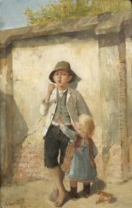 The First Cigarette. A Smoking Boy With His Little Sister by Scipione Vannutelli