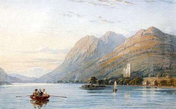Mountain Lake Scene With Figures In A Rowing Boat - view 1