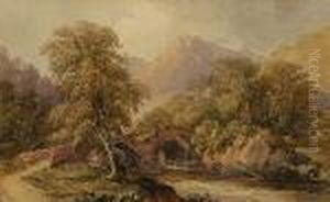Figures On A Bridge Overlooking A Stream Figures On A Bridge Overlooking A Stream