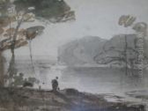 A Lake Scene With Figure On The Banks In The Foreground - view 1