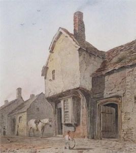 Figure And A Horse Outside An Old House by John Varley