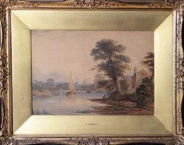 A River Scene With An Angler
Beneath A Tree In The Foreground And Asailing Barge In The Middle
Distance - view 1