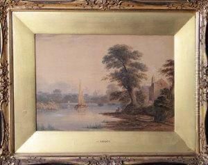 A River Scene With An Angler
Beneath A Tree In The Foreground And Asailing Barge In The Middle
Distance by John Varley