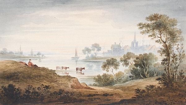 Cattle Watering In A River Landscape - view 1