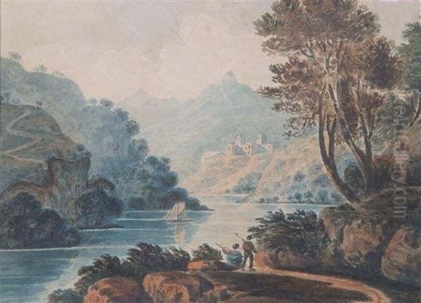 Mountainous River Landscape With Figures On A Track - view 1