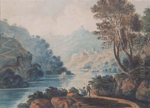Mountainous River Landscape With Figures On A Track Mountainous River Landscape With Figures On A Track