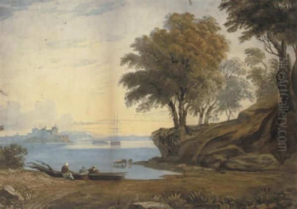 Figures And Cattle In A Coastal Landscape, A Castle Beyond - view 1