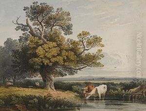 Cattle Watering In A Landscape by John Varley