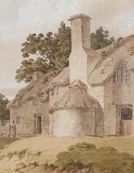 Figures Standing Outside A Cottage - view 1